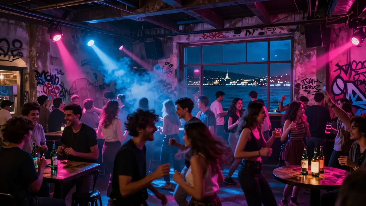 Vibrant warehouse club with dancing crowd, neon lights, and Bosphorus view under midnight sky.