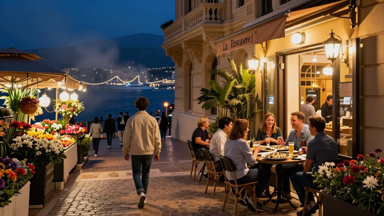 Walkway in Monte Carlo leading to La Rascasse, lit by warm doorway glow at night.