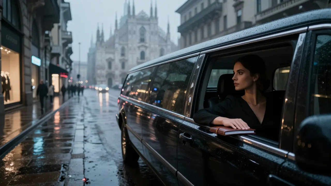 A black limousine driving through rainy Milan at dawn, with the Duomo visible in the distance.