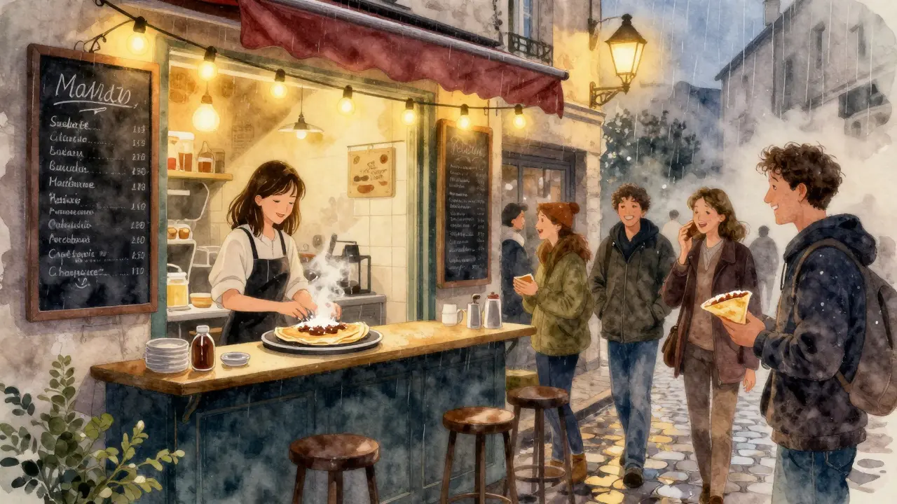 A crêpe stand in Montmartre at 2 a.m., serving hot crêpes with warm light and rain outside.
