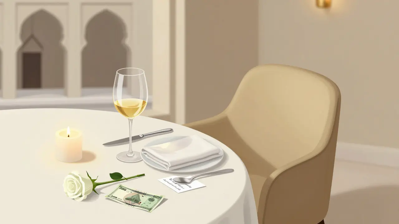 A folded banknote and white rose rest beside a wine glass on a luxury dinner table.