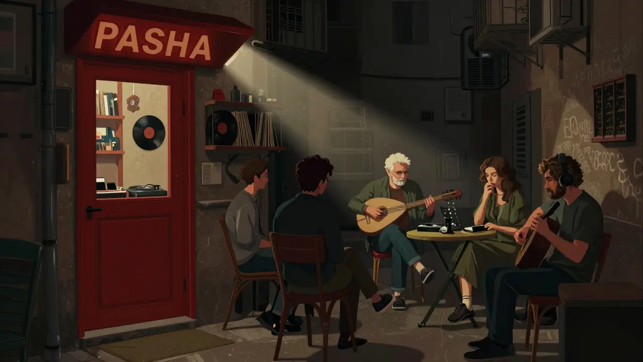 A hidden bar in Kadıköy with a red door, locals gathered under warm light, vinyl records and mismatched chairs.