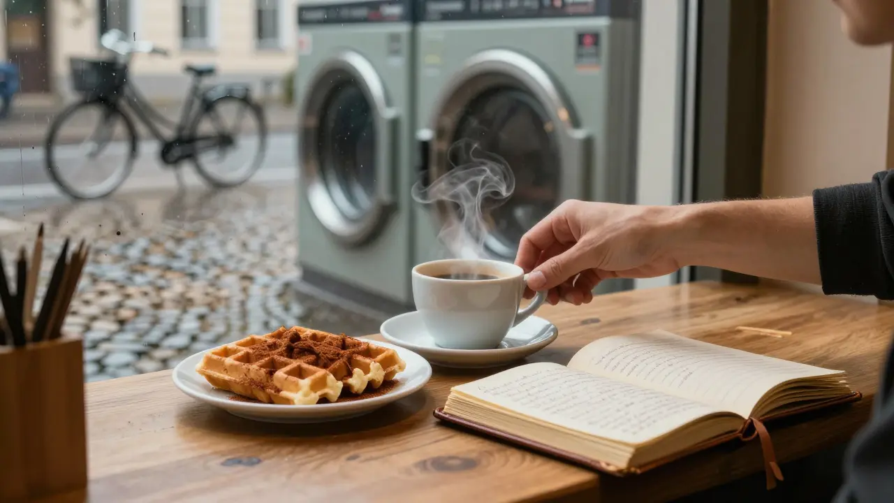 A hidden café in Mitte with a cinnamon waffle and steaming coffee, rain reflecting on wet cobblestones outside.