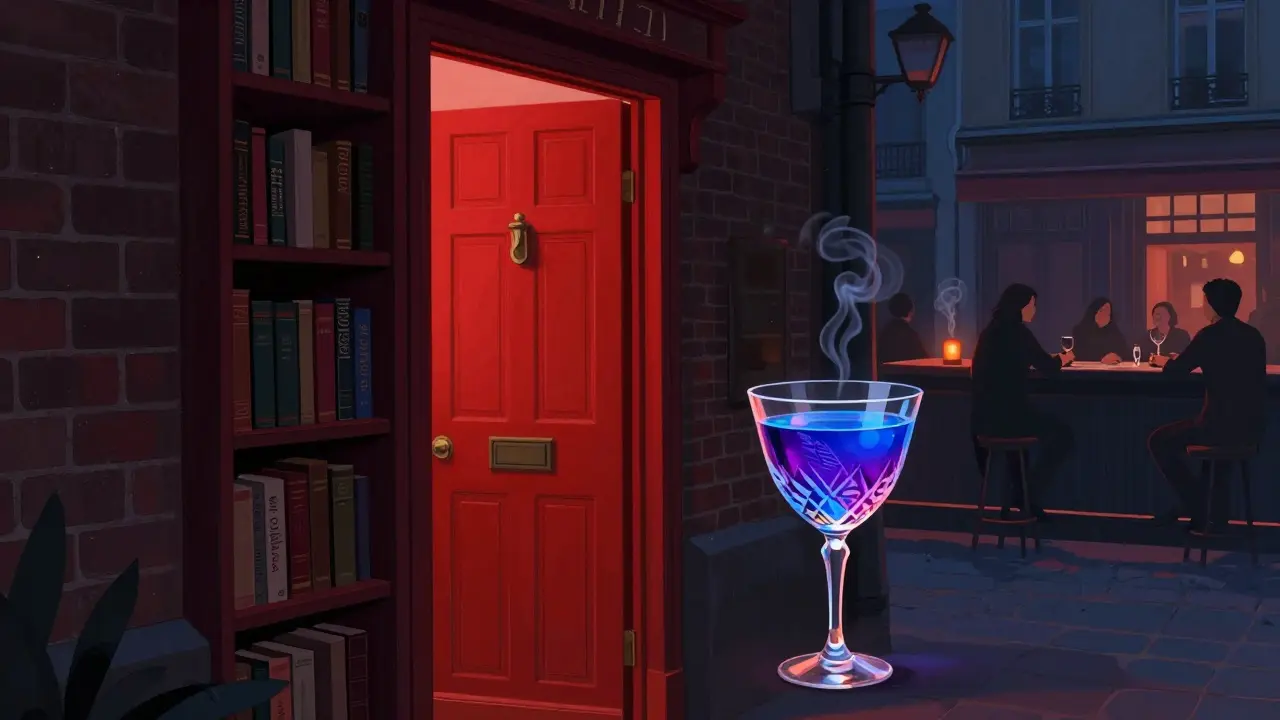 A hidden entrance behind a bookshelf in a Paris alley, glowing red light revealing a stylish cocktail bar inside.