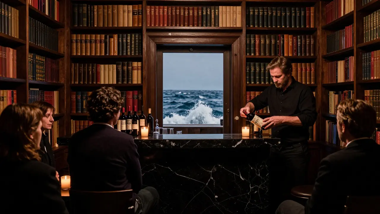 A hidden library club with bookshelves and a black onyx bar, guests in silence lit by candlelight.