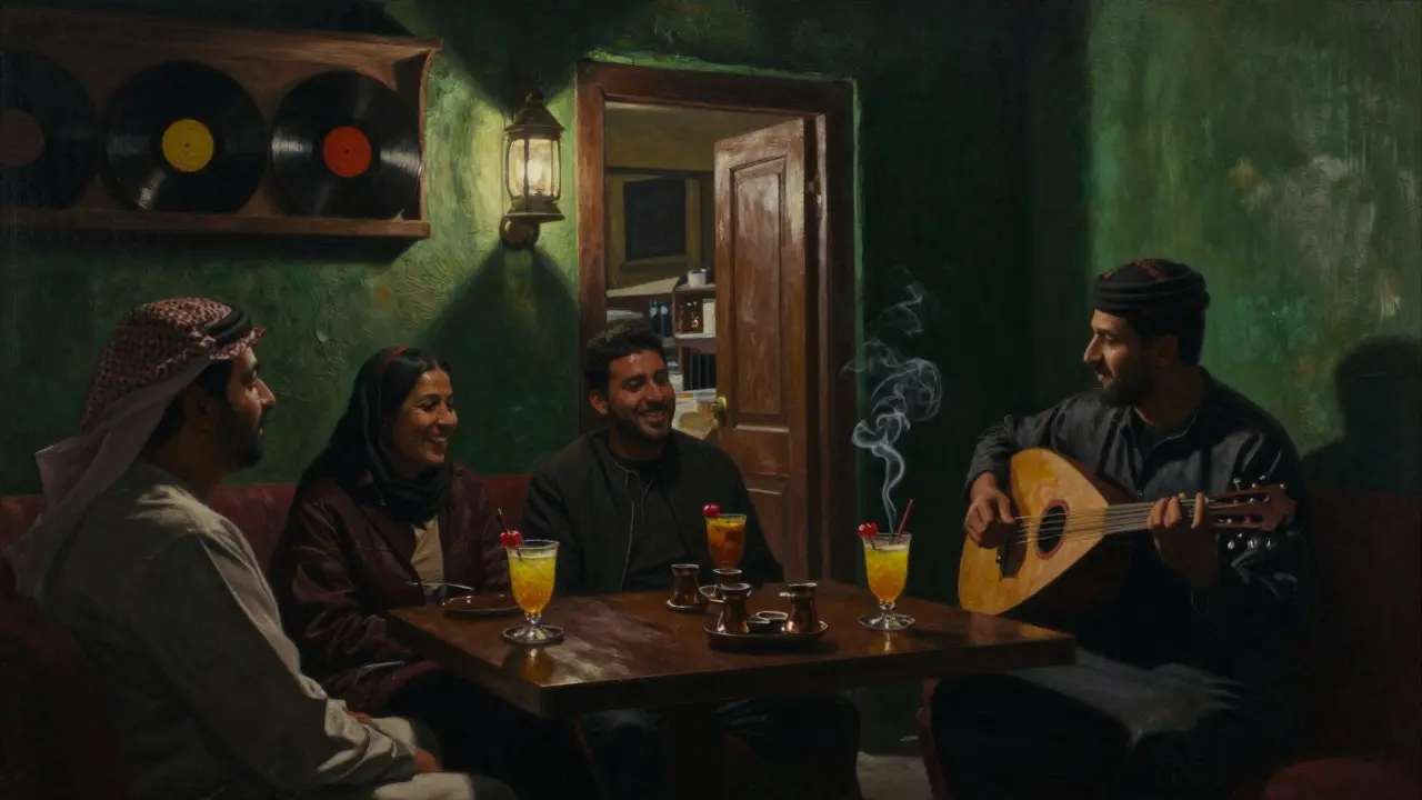 A hidden lounge with a lantern entrance, people enjoying drinks and live oud music in dim light.