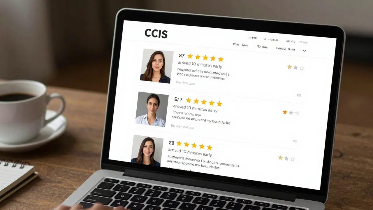 A laptop screen displaying a verified escort profile with detailed client reviews and clear photos.