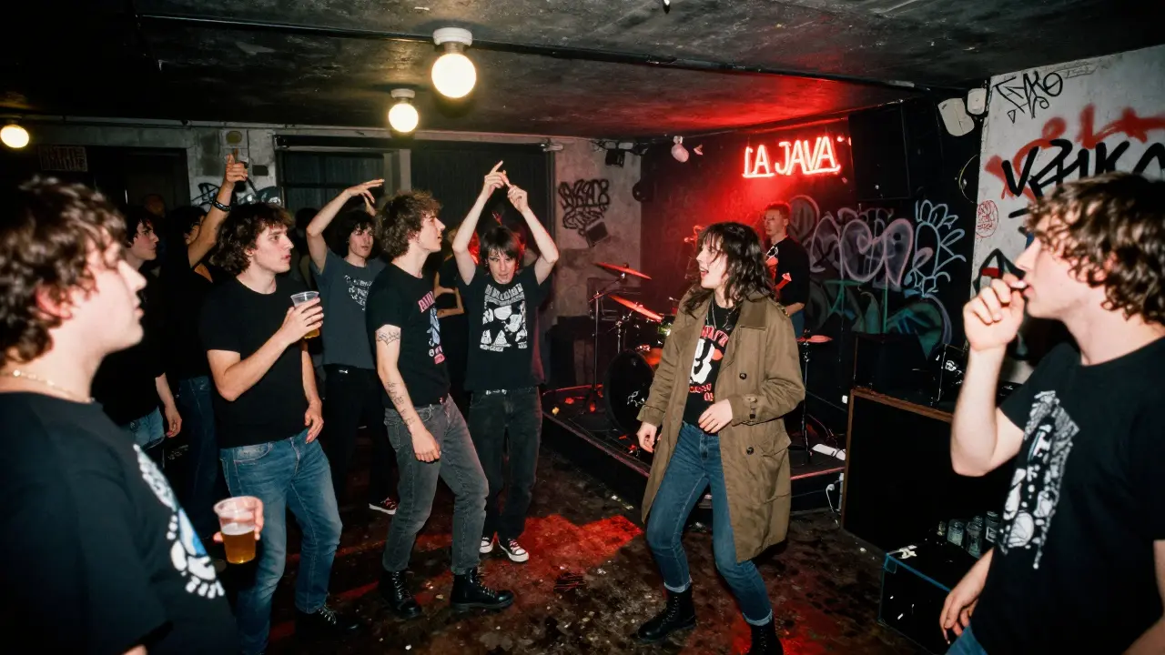 A lively underground music venue with a punk band playing as a crowd dances in worn-out boots and band shirts.
