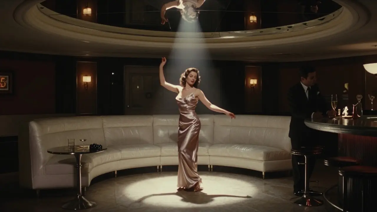 A lone woman dances under a spotlight in a mirrored, minimalist club with no visible crowd or signage.