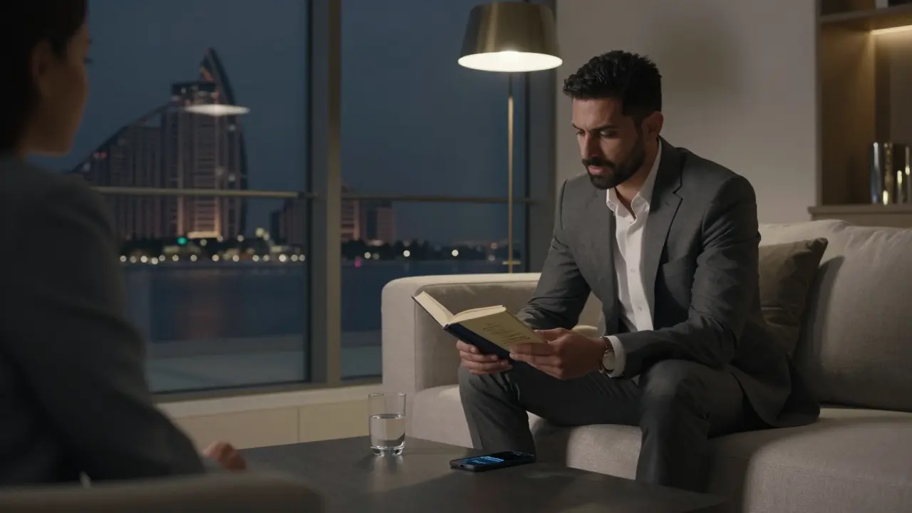A male companion and client sitting together in a minimalist apartment, reading poetry under soft lamplight.