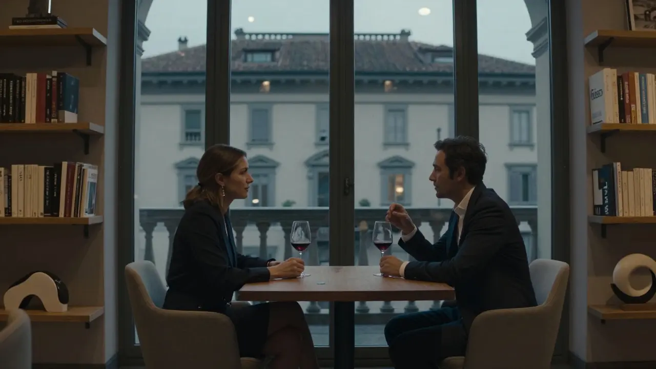 A man and woman having a quiet conversation over wine in an elegant Brera apartment.