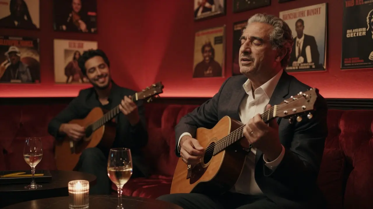 A man singing a classic rock song in a dim, intimate karaoke room with wine and plush seating.