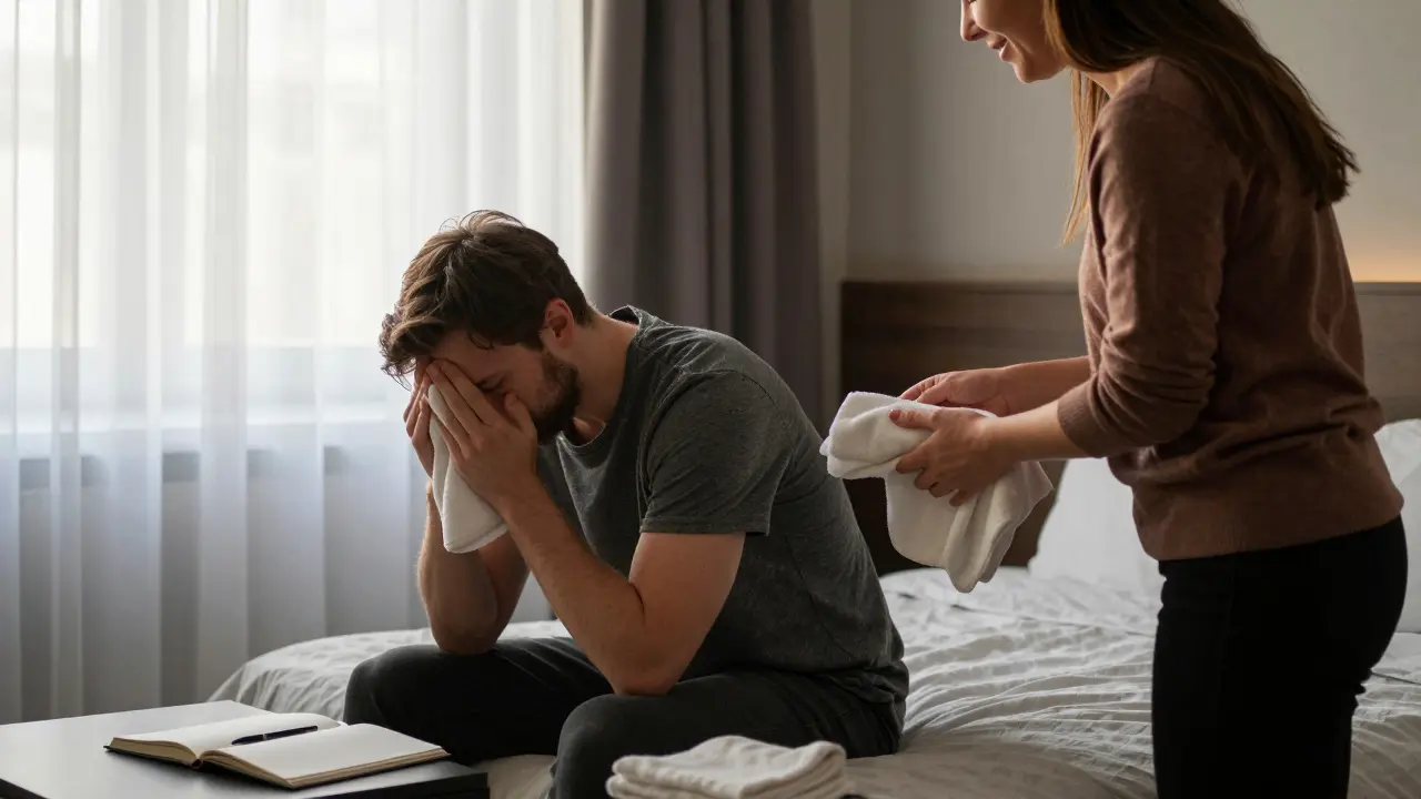 A man sitting on a hotel bed at dawn, receiving a quiet gesture of care from a woman.