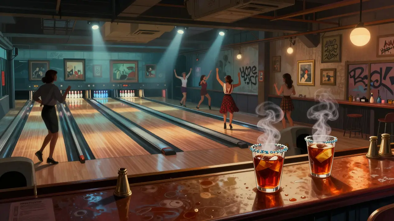 A midnight bowling alley with strobe lights and people dancing between lanes in an old factory.
