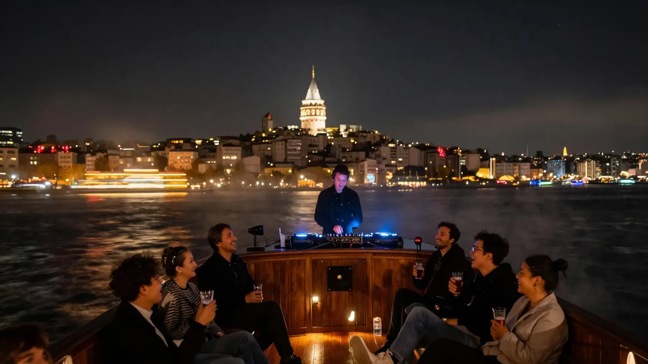 A night cruise on the Bosphorus with city lights reflecting on water and passengers enjoying music on deck.