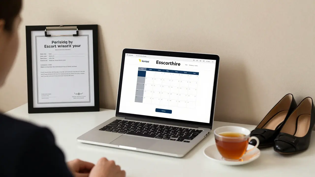 A professional escort’s organized workspace with verified platform, health certificate, and tea.