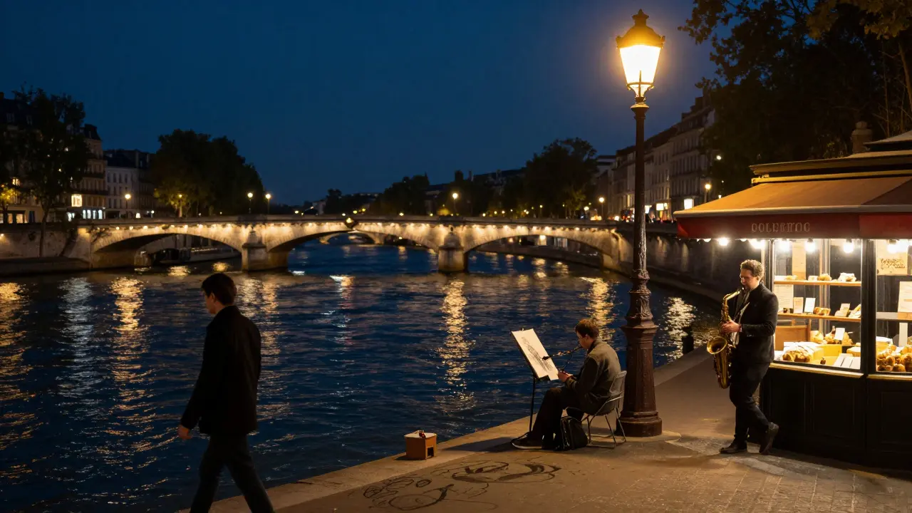 A quiet nighttime walk along the Seine with lit bridges, a street artist, and a saxophonist playing softly.