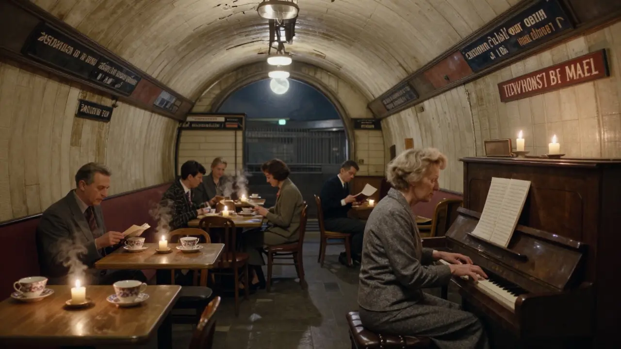 A quiet underground lounge with a jazz pianist serving tea at dawn in a forgotten station.