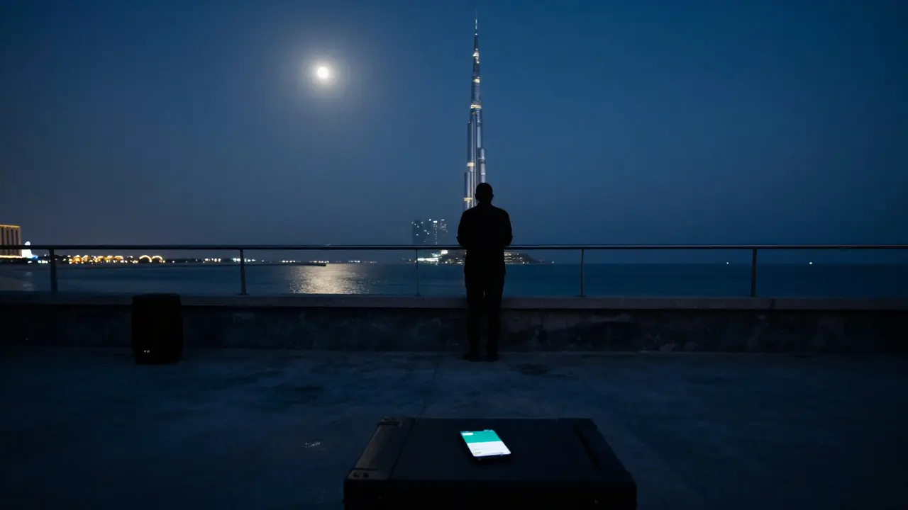 A secluded rooftop overlooking the Burj Khalifa at night, no railing, no crowd, just silence and the glow of the city.