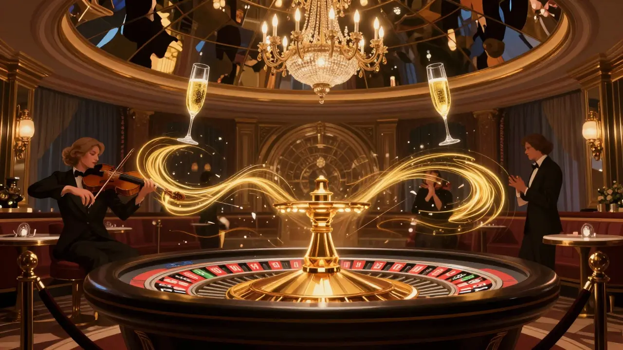 A secret casino lounge with a mirrored dome reflecting chandeliers and guests in formal wear, champagne floating in the air.