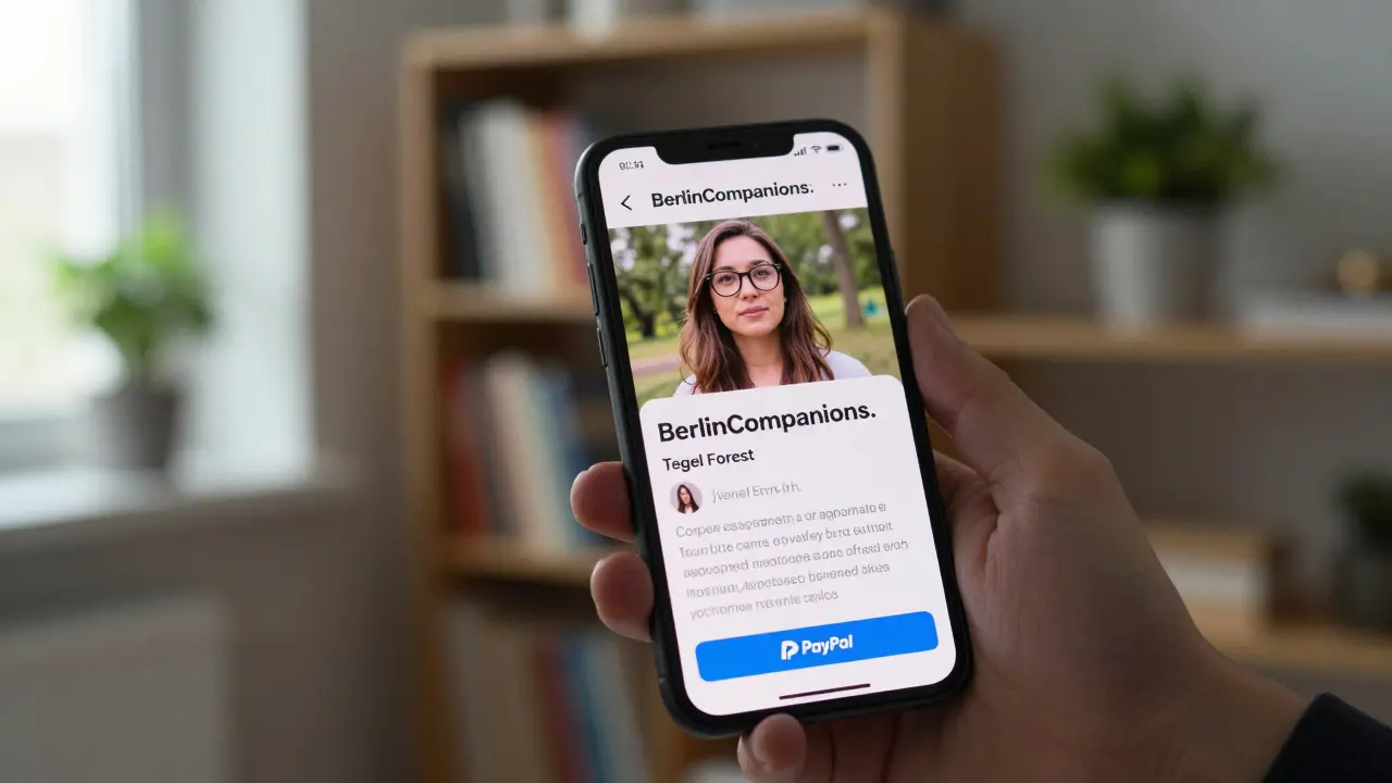 A smartphone screen showing a verified escort profile with detailed bio and secure payment icon in a cozy room.