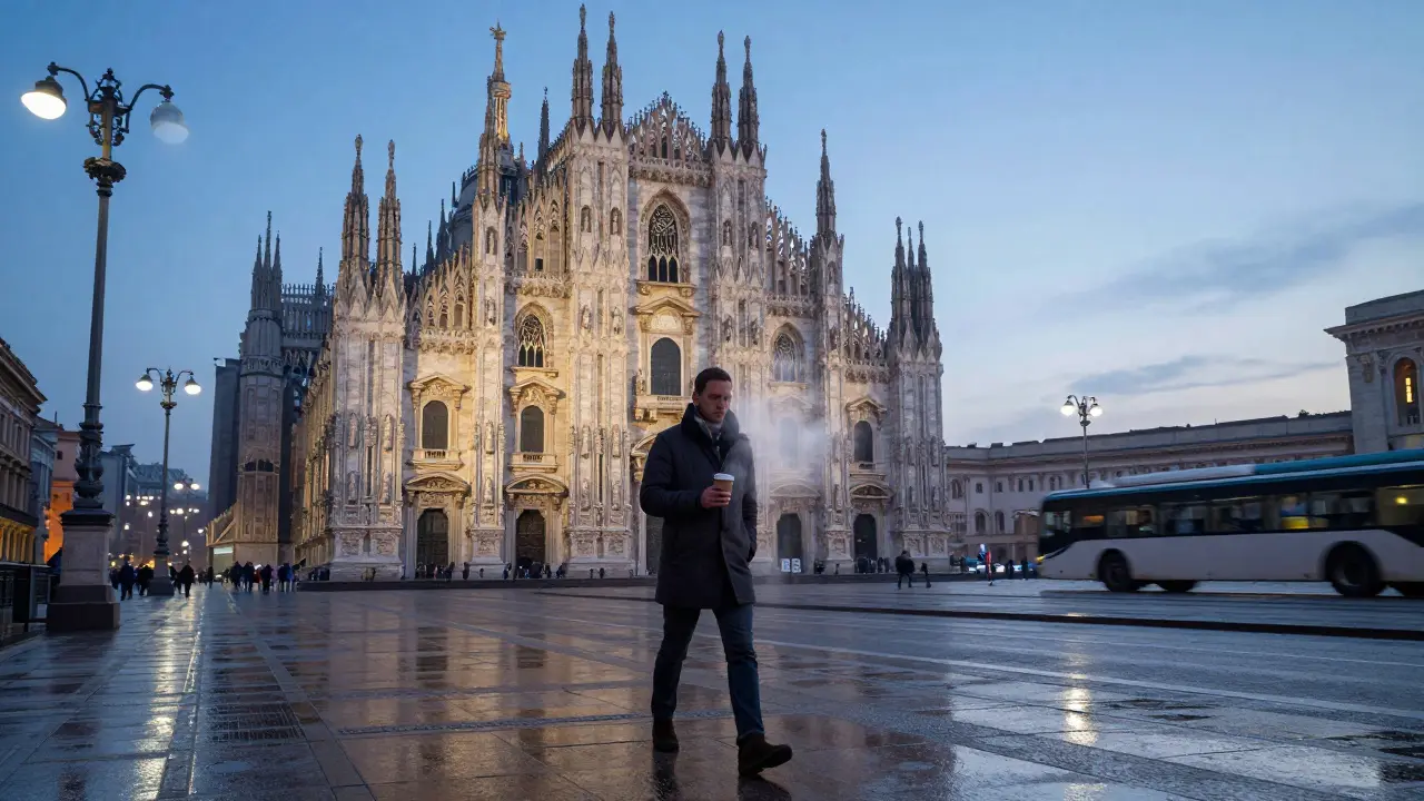 A solitary figure walking past Milan's Duomo at sunrise under soft dawn light.