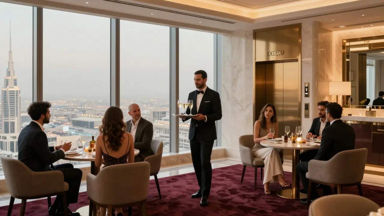A sommelier serves champagne at a quiet, elegant lounge with city lights glowing through floor-to-ceiling windows.