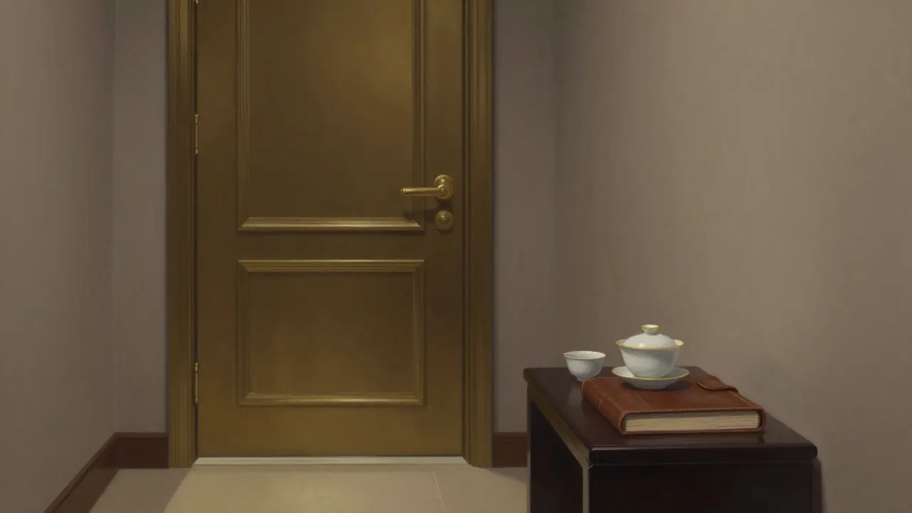 A tea set and book left outside a hotel room door, symbolizing a respectful, private encounter.