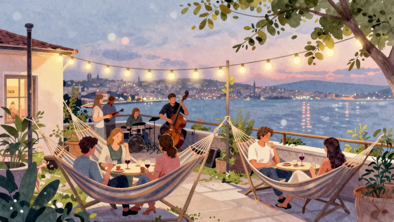 A tranquil rooftop garden at twilight with hammocks, string lights, and the Bosphorus glowing in the distance.