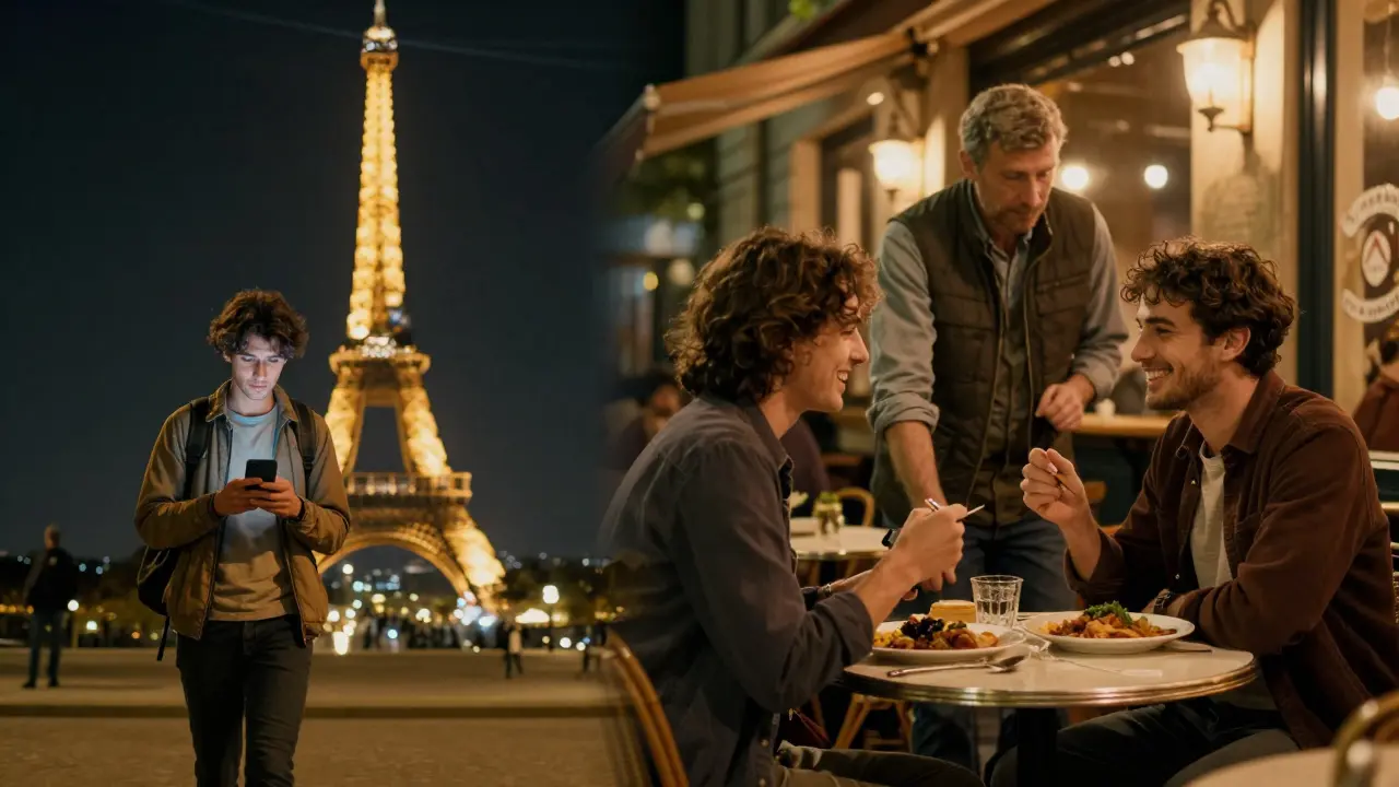 A traveler choosing between paid companionship and genuine human connection in Paris.