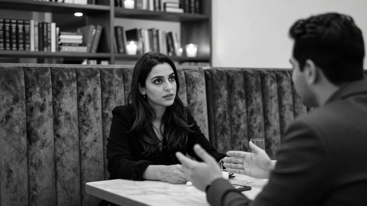 A woman listens attentively in a soundproof café booth in Abu Dhabi, candlelight casting soft shadows.