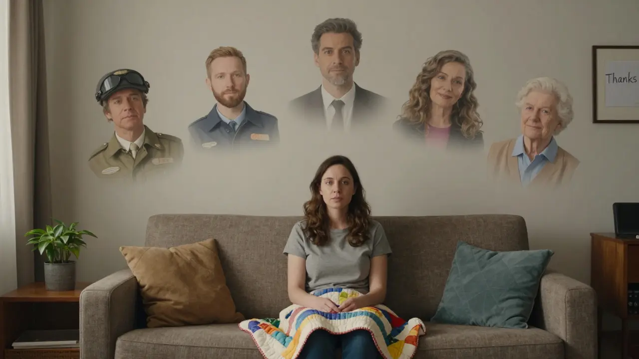A woman sits on a couch surrounded by fading portraits of clients, holding a handmade quilt as a symbol of quiet human connection.