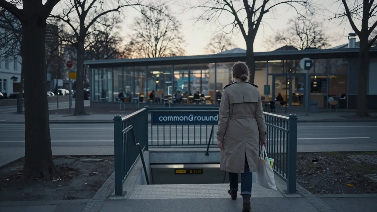 A woman walking calmly through a quiet Berlin neighborhood toward a subway station, carrying a book.
