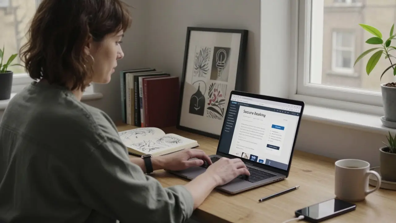 A woman working on her laptop in a Camden apartment, balancing escort work with graphic design.