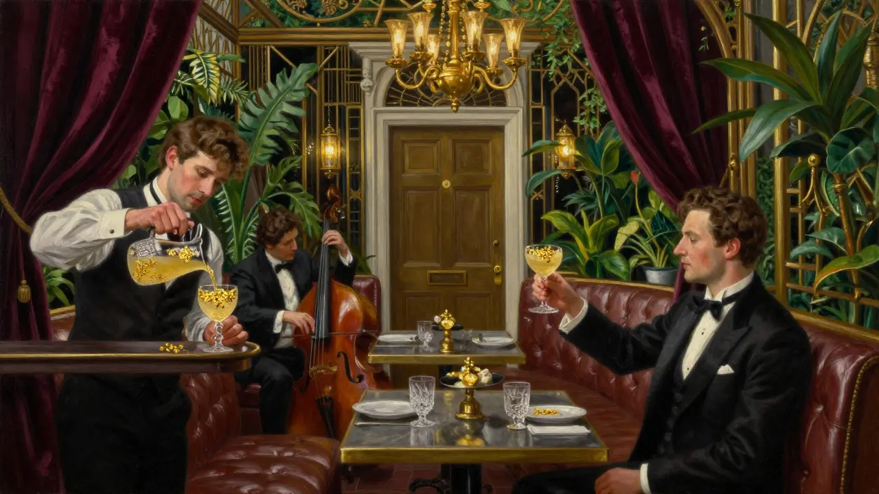 An elegant hidden lounge with brass chandeliers, leather booths, and a bartender pouring a golden cocktail.
