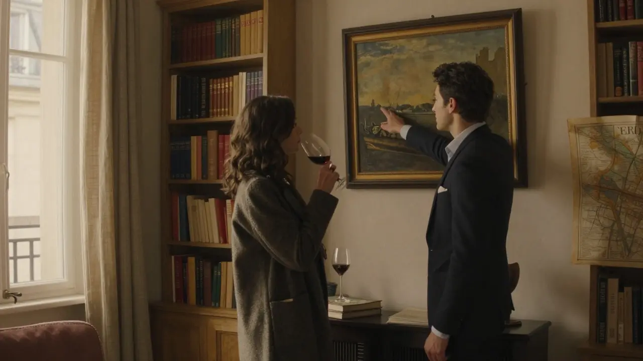 An escort and client discuss art in a warm, book-filled Parisian apartment during golden hour.