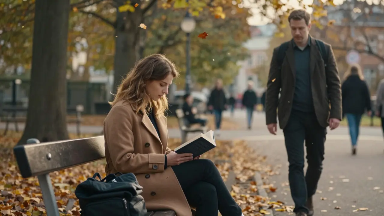 An escort sitting on a park bench reading, as a man approaches respectfully during golden hour.