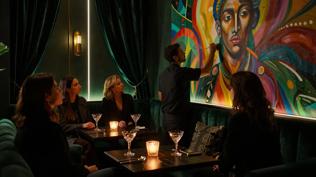 An exclusive lounge where an artist paints a mural as guests enjoy hand-blown glass cocktails in complete silence.