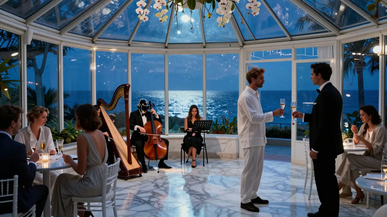An open-air greenhouse nightclub with glass walls opening to the sea, musicians playing under glowing orchids.