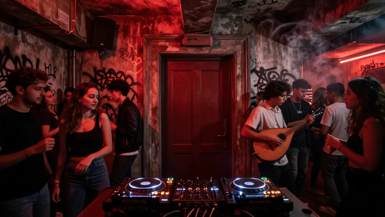 An underground club in a converted bank vault with DJs mixing Turkish beats and a diverse crowd dancing.
