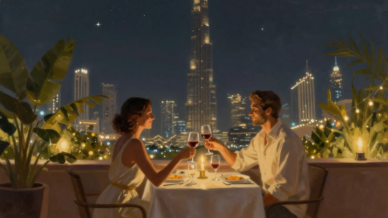Candlelit rooftop dinner in Dubai with Burj Khalifa in the background, stars above.