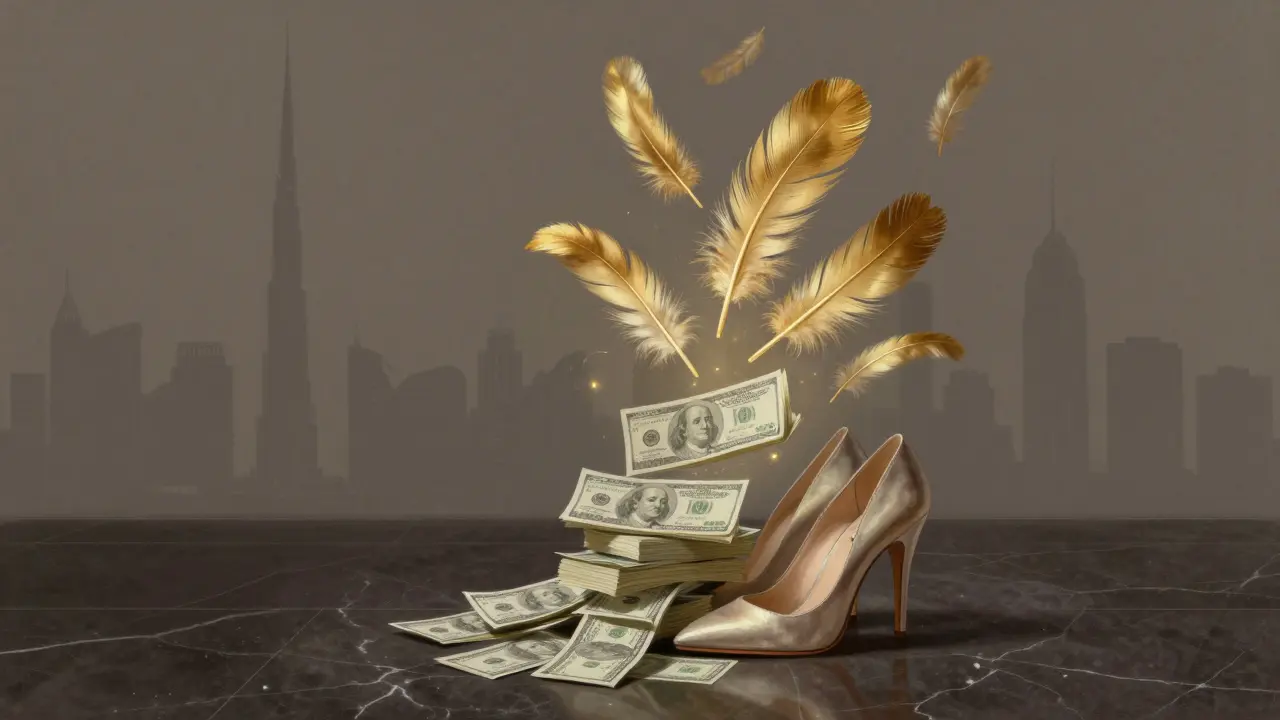 Cash bills transform into golden feathers rising from elegant shoes against Dubai’s skyline.