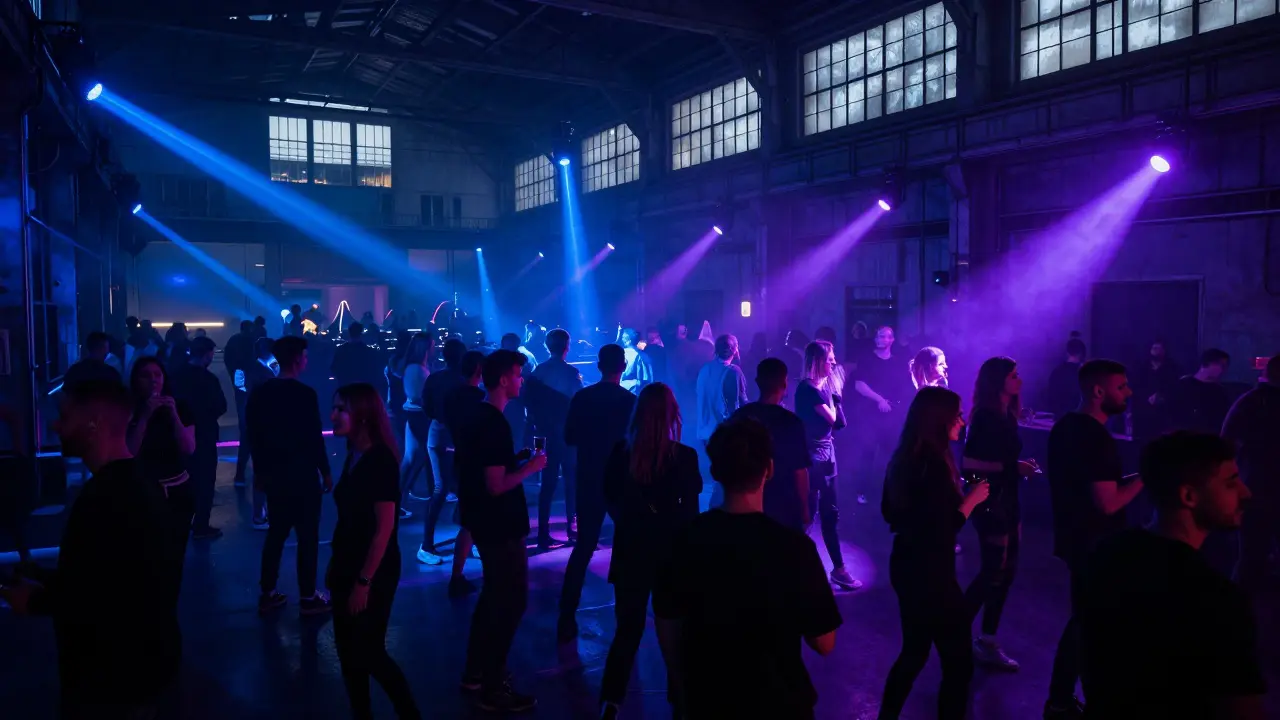 Crowd dancing in a dark industrial club under pulsing neon lights with minimalist fashion and no visible branding.