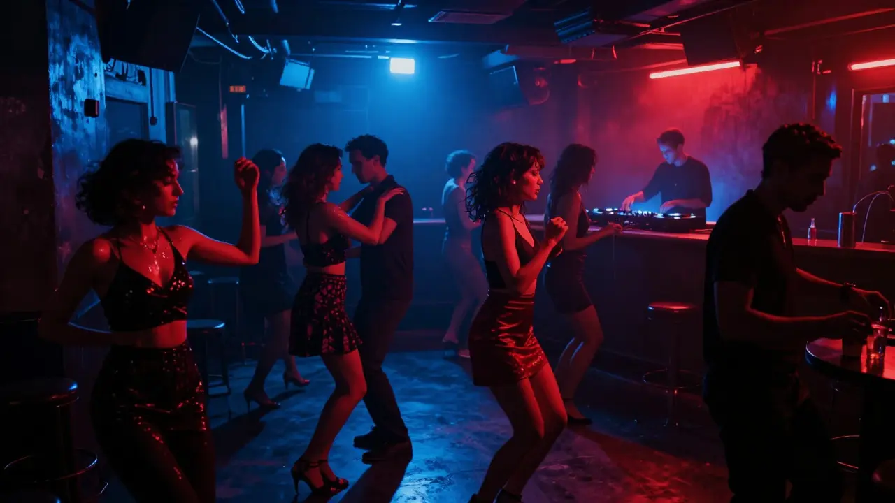 Crowd dancing in a dim, concrete nightclub under pulsing neon lights.