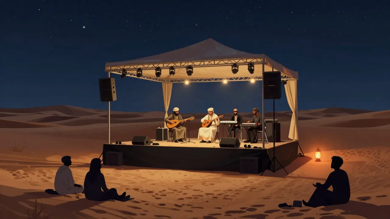 Desert music event under stars with band playing electronic Bedouin sounds, guests seated on dunes in peaceful silence.