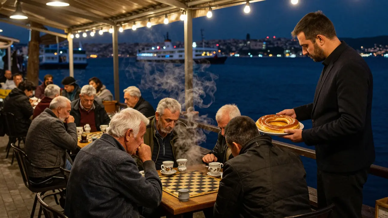 Elderly men playing backgammon at a night-time tea garden in Kadıköy, with simit vendor and ferry lights in distance.