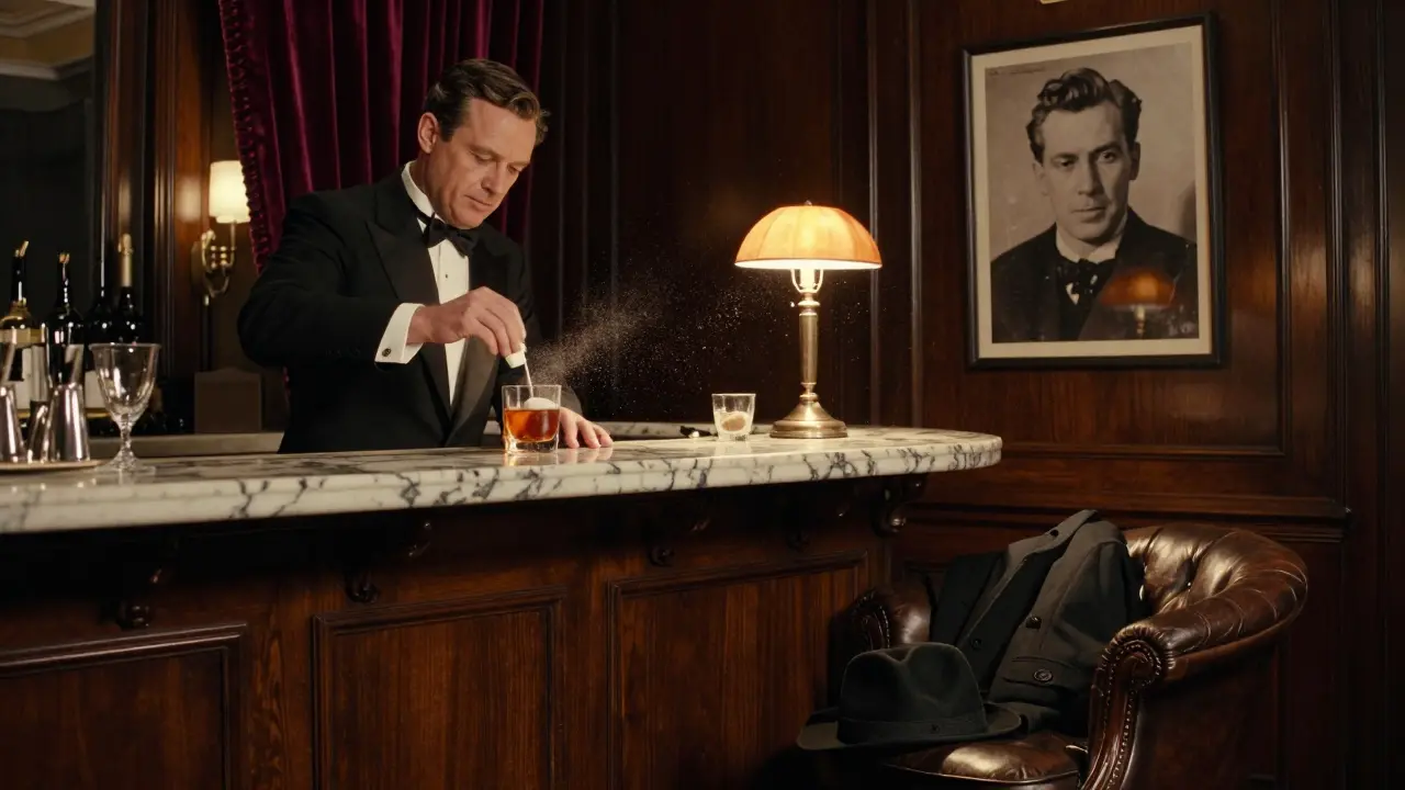 Elegant bar with dark wood and velvet, a tuxedoed bartender stirring a classic cocktail under soft lamplight.