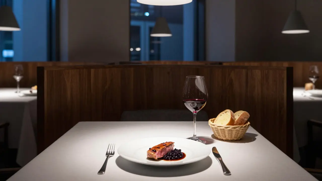 Elegant dish of duck breast at Tim Raue in a quiet, modern restaurant setting.