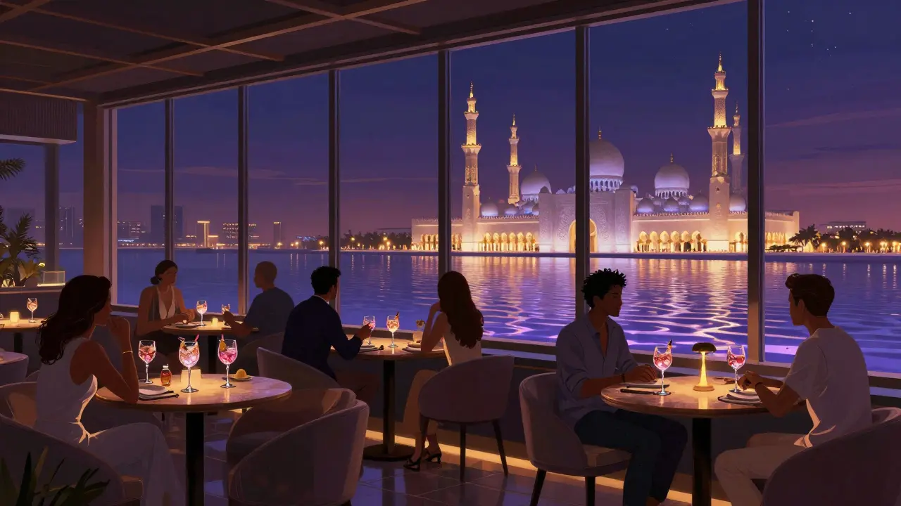 Elegant guests on a rooftop lounge with views of the Grand Mosque and city skyline at night.
