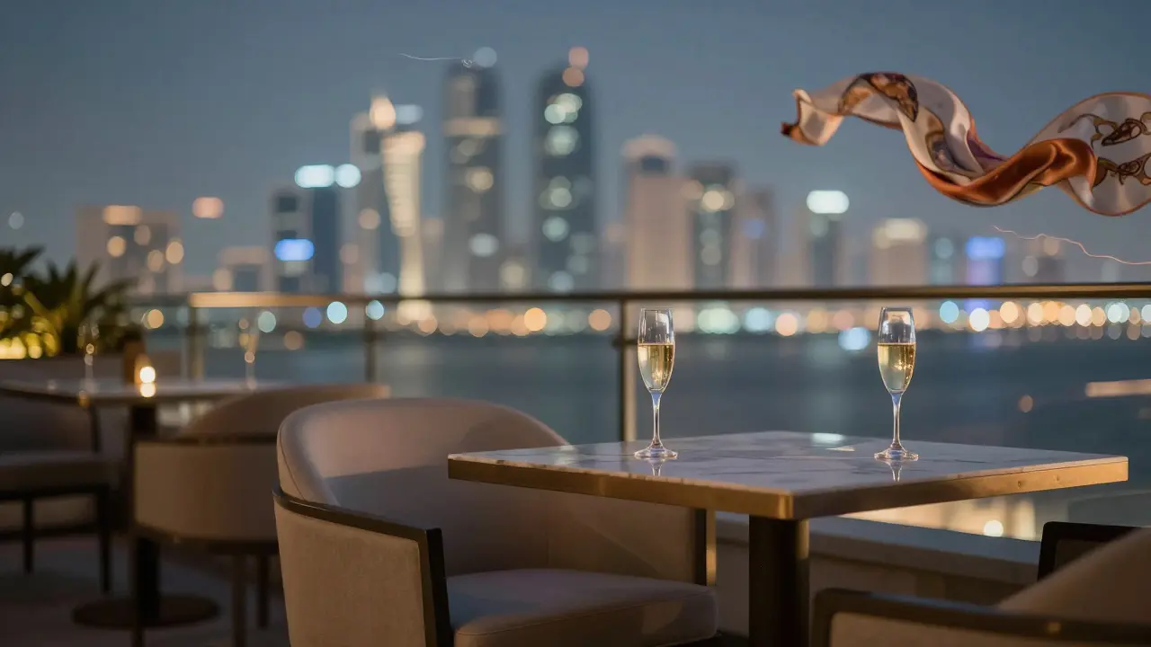 Empty rooftop lounge with two champagne flutes and a drifting silk scarf.